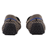Pair of checkered loafers showing heel tabs and rubber heel grips