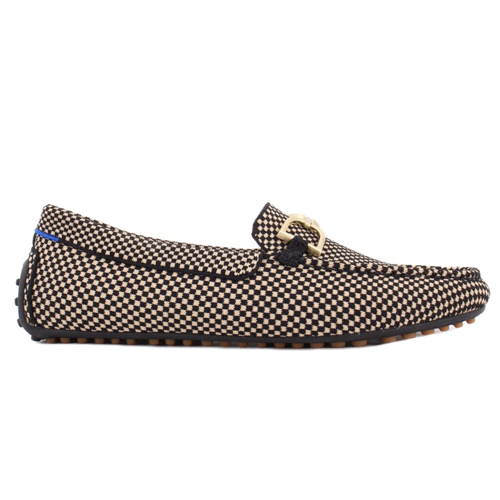 Rothy's checkered driver loafer in side profile, with gold-tone bit and rubber sole