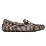 Rothy's checkered driver loafer in side profile, with gold-tone bit and rubber sole
