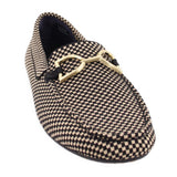Rothy's black and cream checkered driver loafer with gold-tone bit hardware