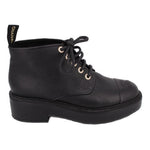 CHANEL black leather ankle boot in side view, with lace-up front and thick platform sole