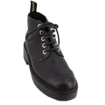 CHANEL black leather platform ankle boot with lace-up front, metal eyelets, and logo toe