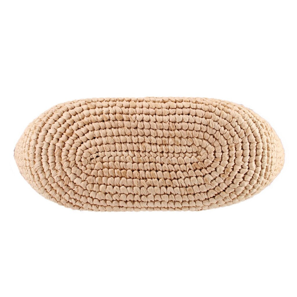 LOEWE raffia crossbody bag viewed from below, showing its oval woven base