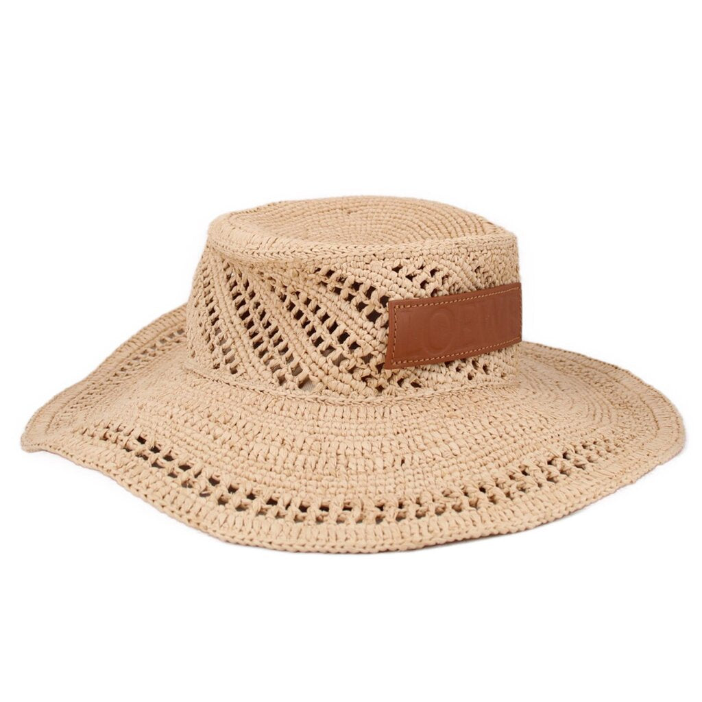 LOEWE natural raffia sun hat with a wide openwork brim and leather logo patch