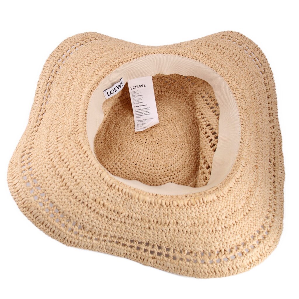 LOEWE natural raffia hat viewed from above, showing the lined inner band and woven brim