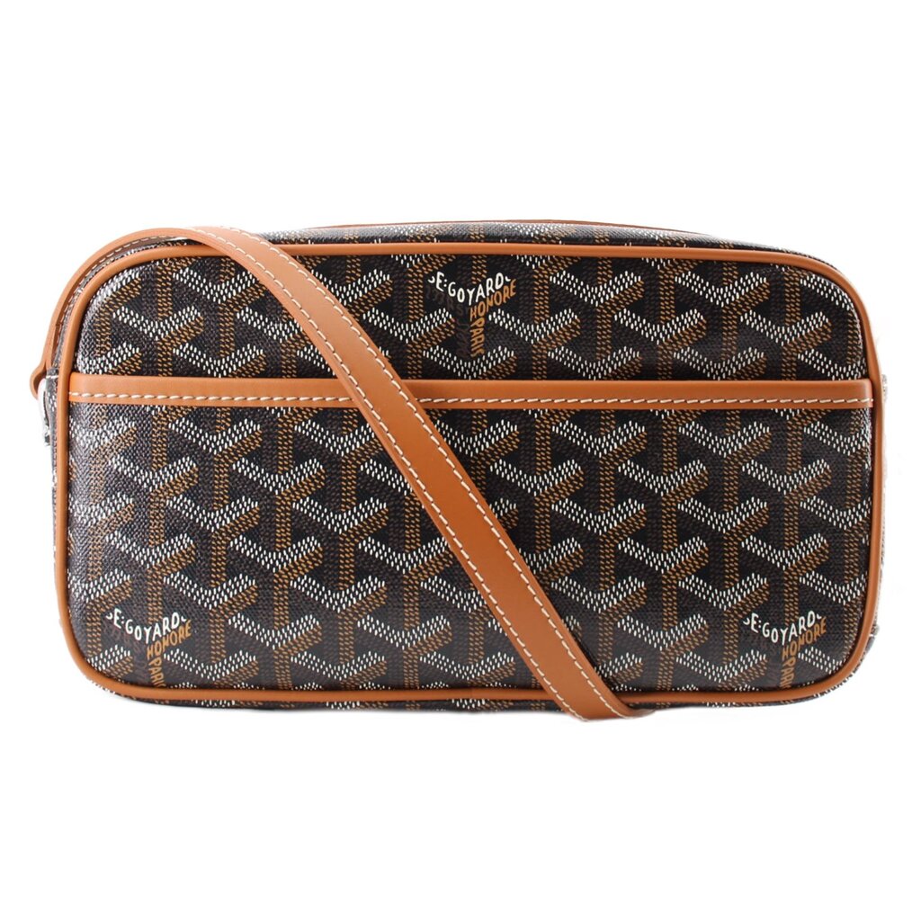 GOYARD Cap-Vert PM crossbody bag in black patterned canvas with tan leather trim and shoulder strap
