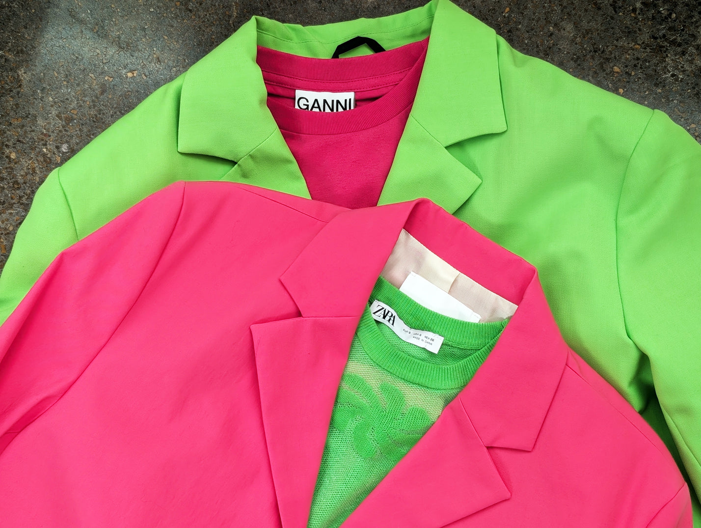 A pink blazer with a green Zara top overlaid on top of a green blazer with a pink Ganni top. Cosmo and Wanda aren't slick.