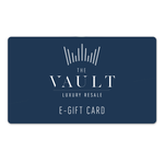 Blue e-gift card with 'The Vault Luxury Resale' logo on a white background