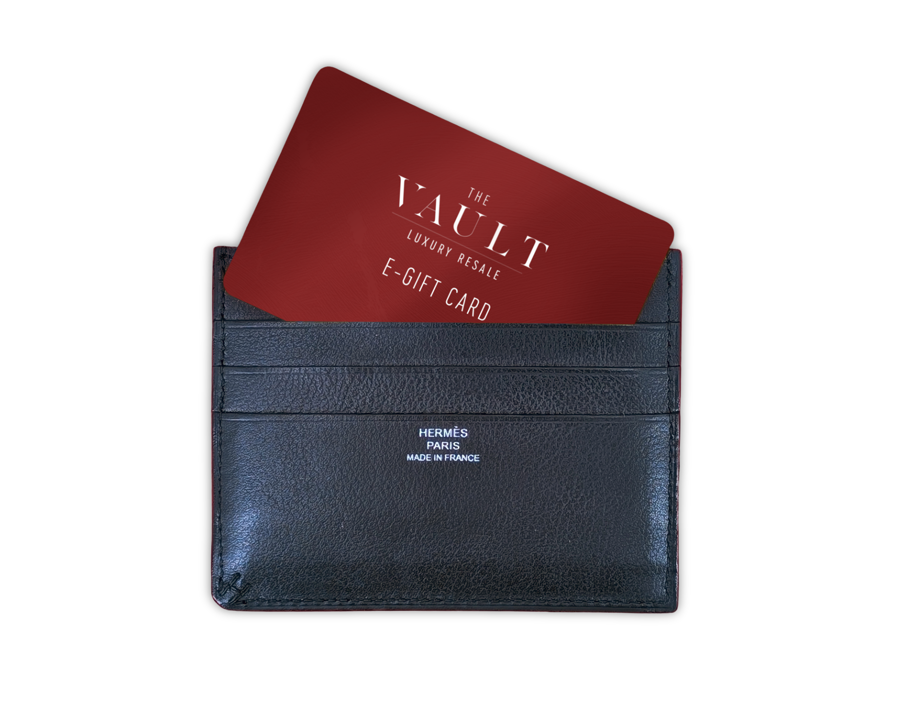 Black leather cardholder with a red 'The Vault' e-gift card on a white background
