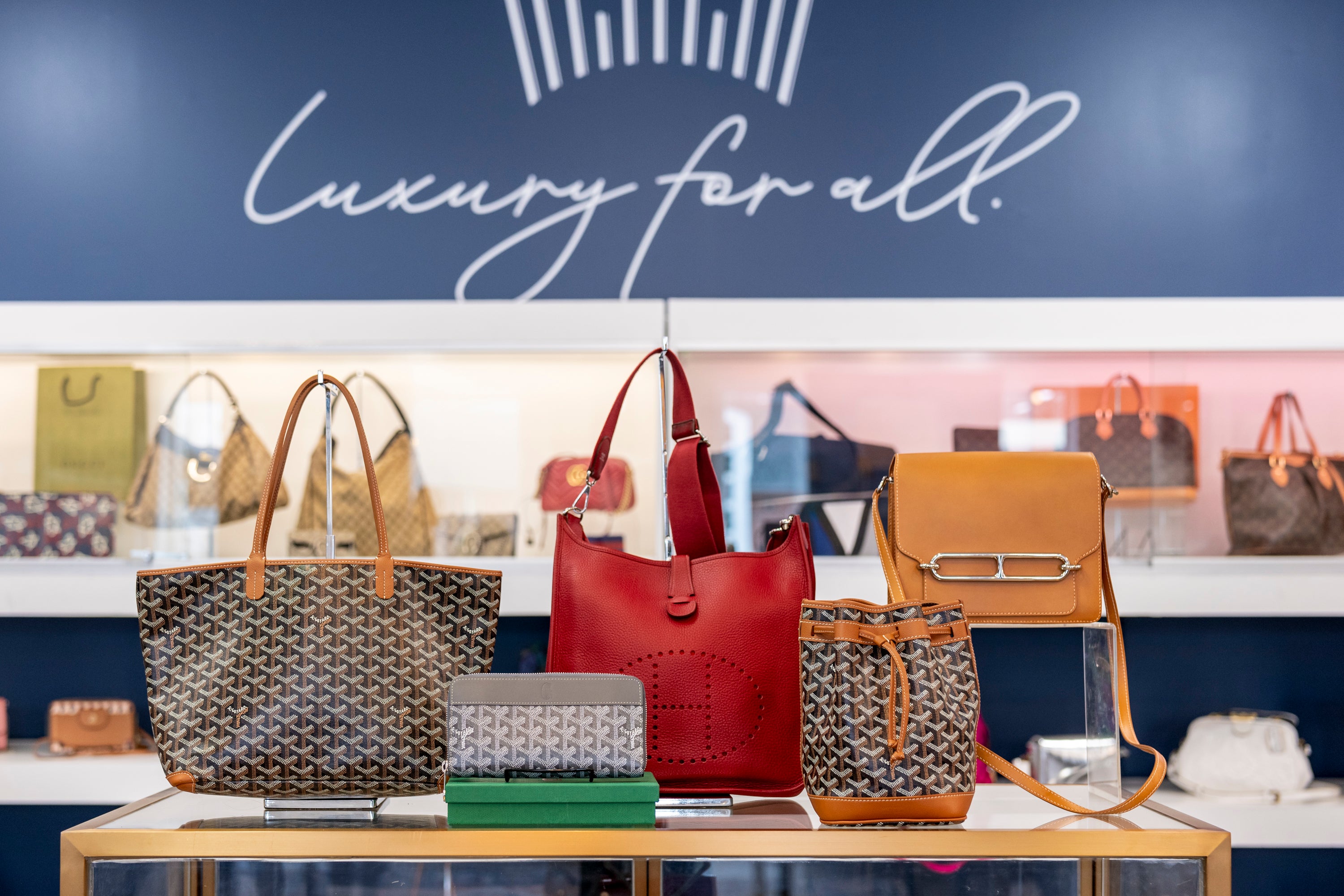 A selection of high-end handbags in front of a navy wall that says "Luxury for all" in cursive.