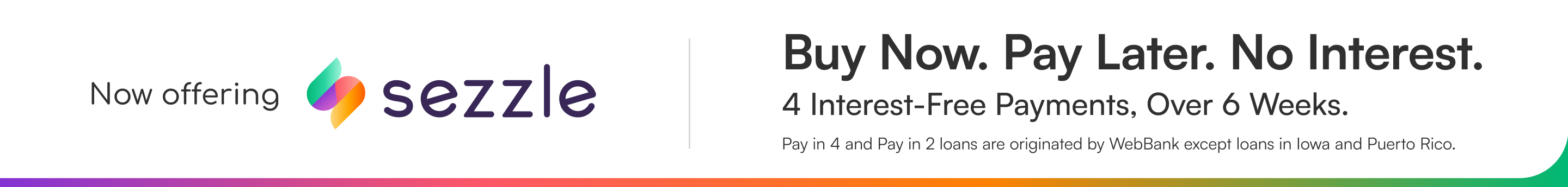Sezzle promotional banner with logo and text about interest-free payments.